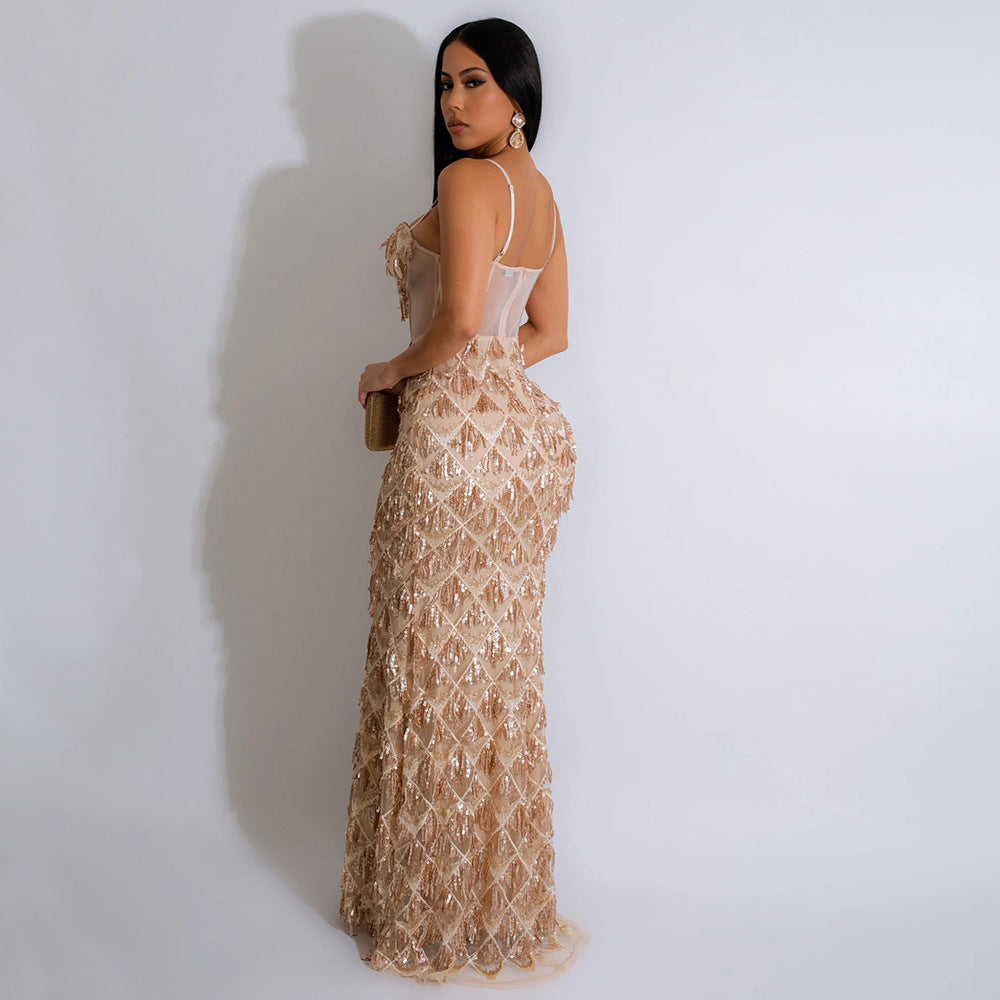 new european and american  export sequin party maxi dress - fashionable spaghetti strap bodycon a-line dress