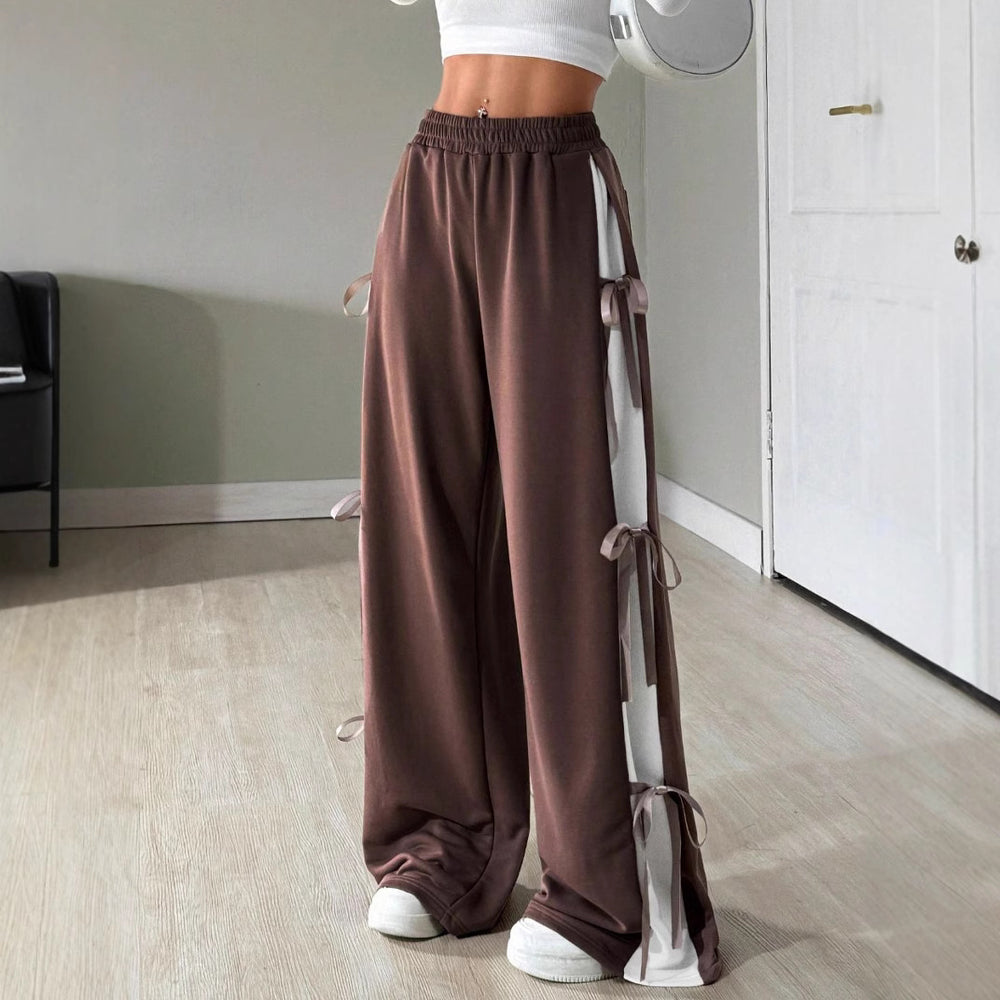 fashion women's  new casual drawstring sweatpants with bow detail and color block design (suitable for europe and the us)