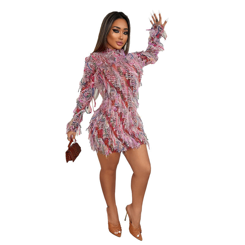 European and American  2024 new autumn women's clothing sweet and fresh long-sleeved semi-turtleneck color fringed slim dress
