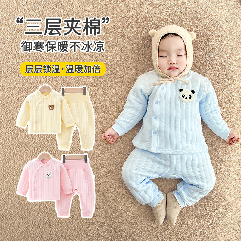 Baby clothes autumn winter quilted heattech clothing suit high waist belly protection baby autumn clothes long underwear close-fitting bottoms
