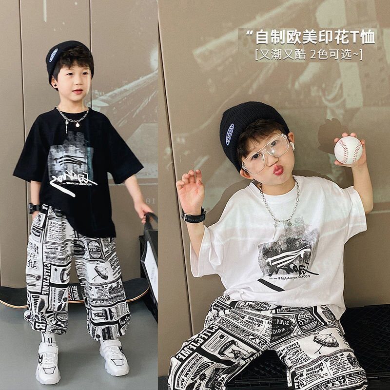 summer short-sleeve t-shirt for boys, ages 12-15, middle school students, trendy and stylish, ages 13-14, big kids' boys' outfit set