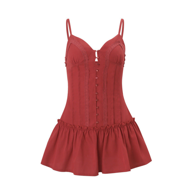 Amazon women's spring  new french sweet socialite style solid color cinched waist cami dress mini dress