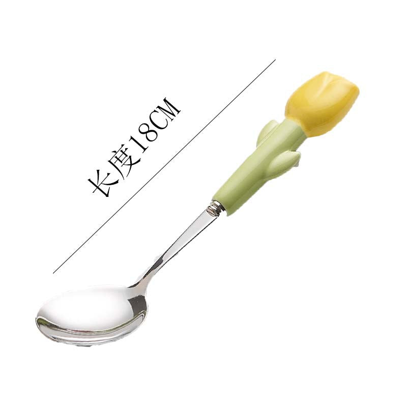 Simple 304 stainless steel kids knife, fork and spoon combination, high-looking spoon, tulip ceramic handle, steak knife