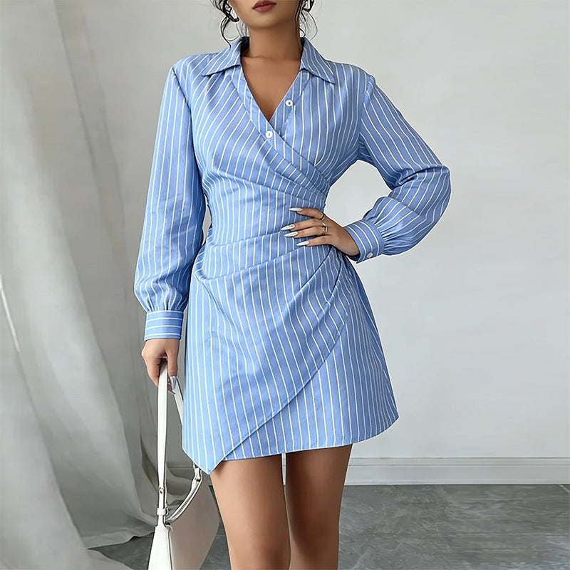 summer new women's clothing - cross-border european & american style - fashionable & elegant v-neck striped ruched bodycon dress