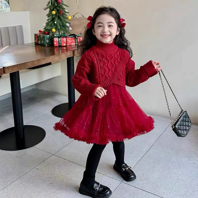 Christmas dress girls' sweater dress  autumn/winter new princess dress new year's outfit tutu skirt set