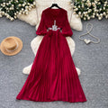 French chic red v-neck lantern sleeve dress - women's summer lightweight, breathable, slimming, elegant pleated maxi dress