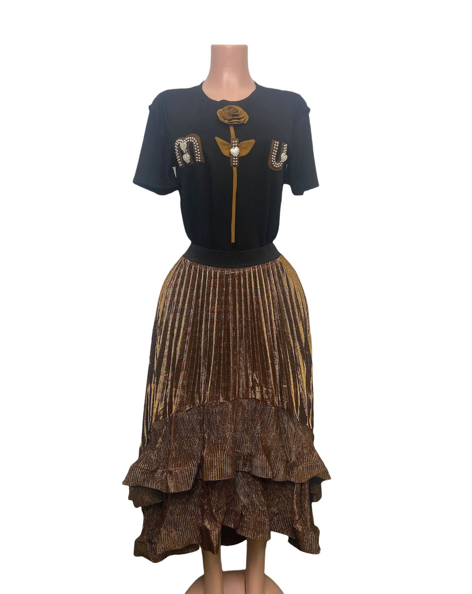 Cross-border French three-dimensional floating flower T-shirt + flash gold pleated ruffle edge long puffy skirt large size two-piece set