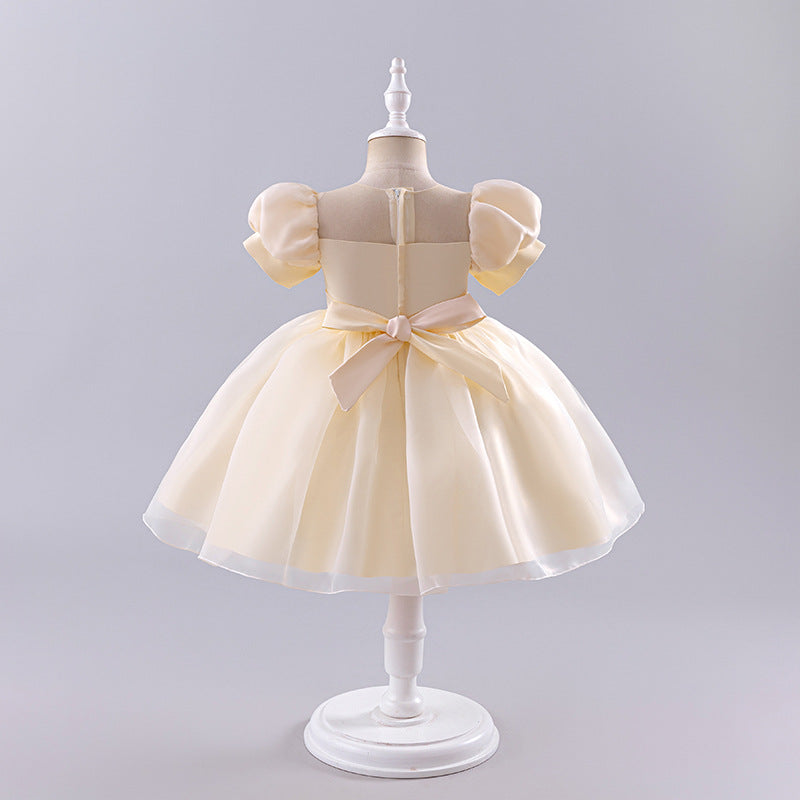 Girls' court-style short dress, toddler princess dress, puff sleeve tulle tutu, little host performance outfit