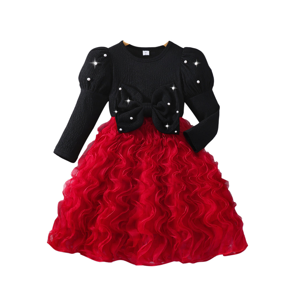 Girls' dress for toddlers and young children, featuring a large bow, pearl embellishments, and a 3d wavy tulle skirt