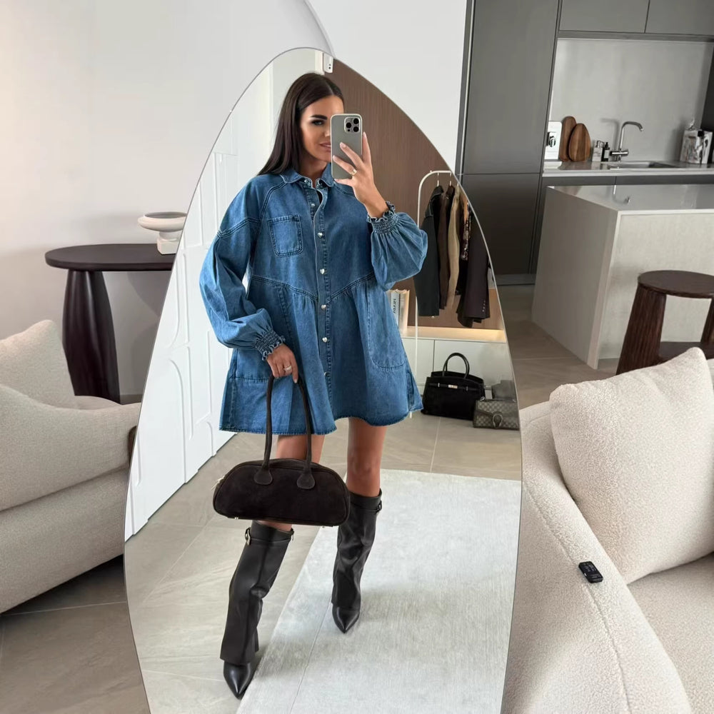 European and american cross-border  independent station export fashion skirt casual shirt button long sleeve denim dress women