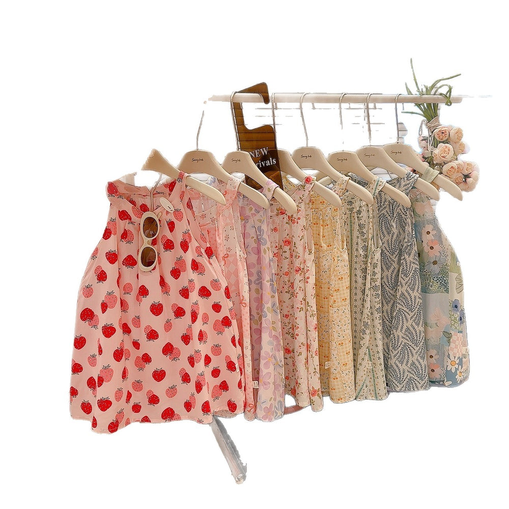 new girls' summer floral sleeveless princess dress - sweet & cute style, round neck cotton gauze dress