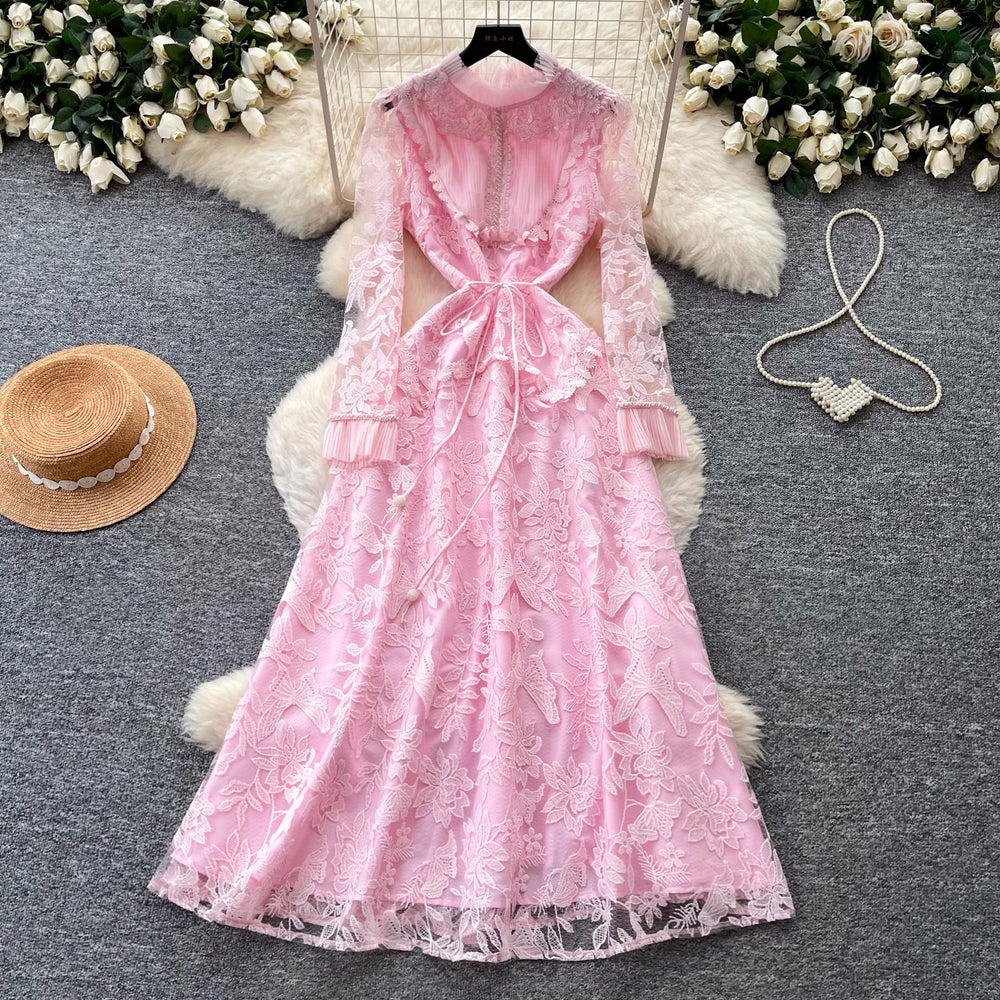 Korean style lace design elegant dress - women's summer long sleeve slim fit a-line dress - chic, professional, and high-end