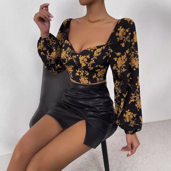 women's clothing retro light and ripe style printed T-shirt autumn and winter square neck bubble sleeve short floral top