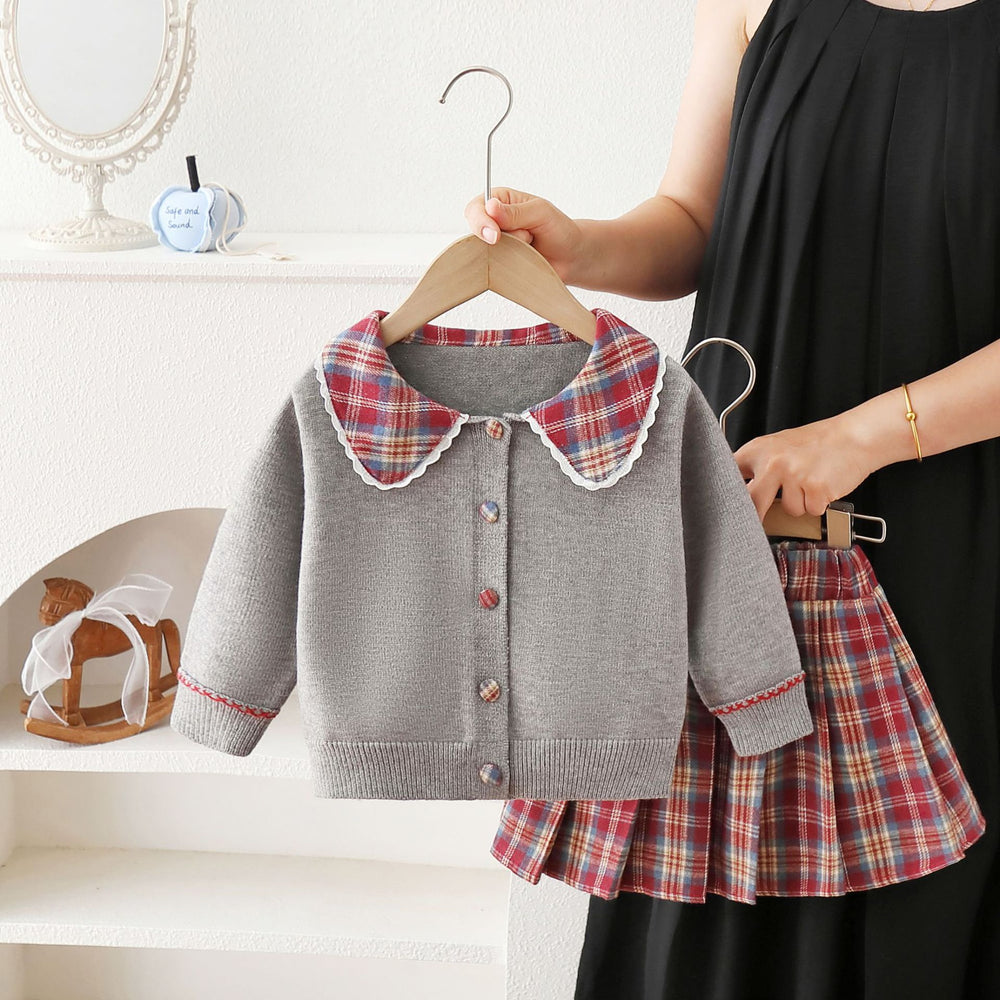 Girls' sweater set - new autumn/winter  collection: round neck, patchwork plaid knit cardigan, jk two-piece outfit