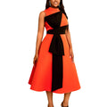 new plus size color block dress - bow tie waist a-line midi party dress