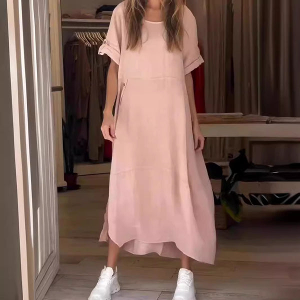 's new 2025 European and American  women's clothing summer wind loose casual solid color short-sleeved cotton and linen dress