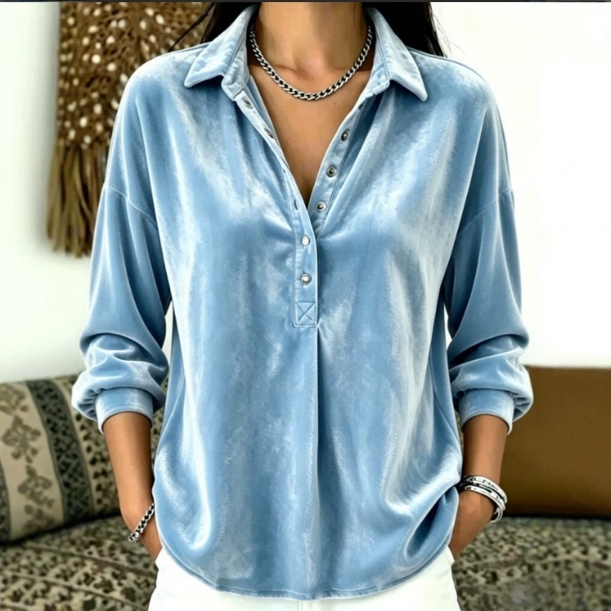 independent station fall and winterbest sellingcasualfashion women's gold velvet pure color lapel tops