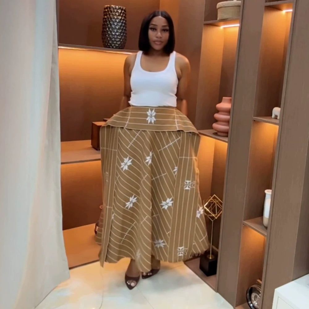 European and american cross-border women's fashion:  summer new arrivals - stylish printed high-waisted slimming asymmetrical long striped midi skirt