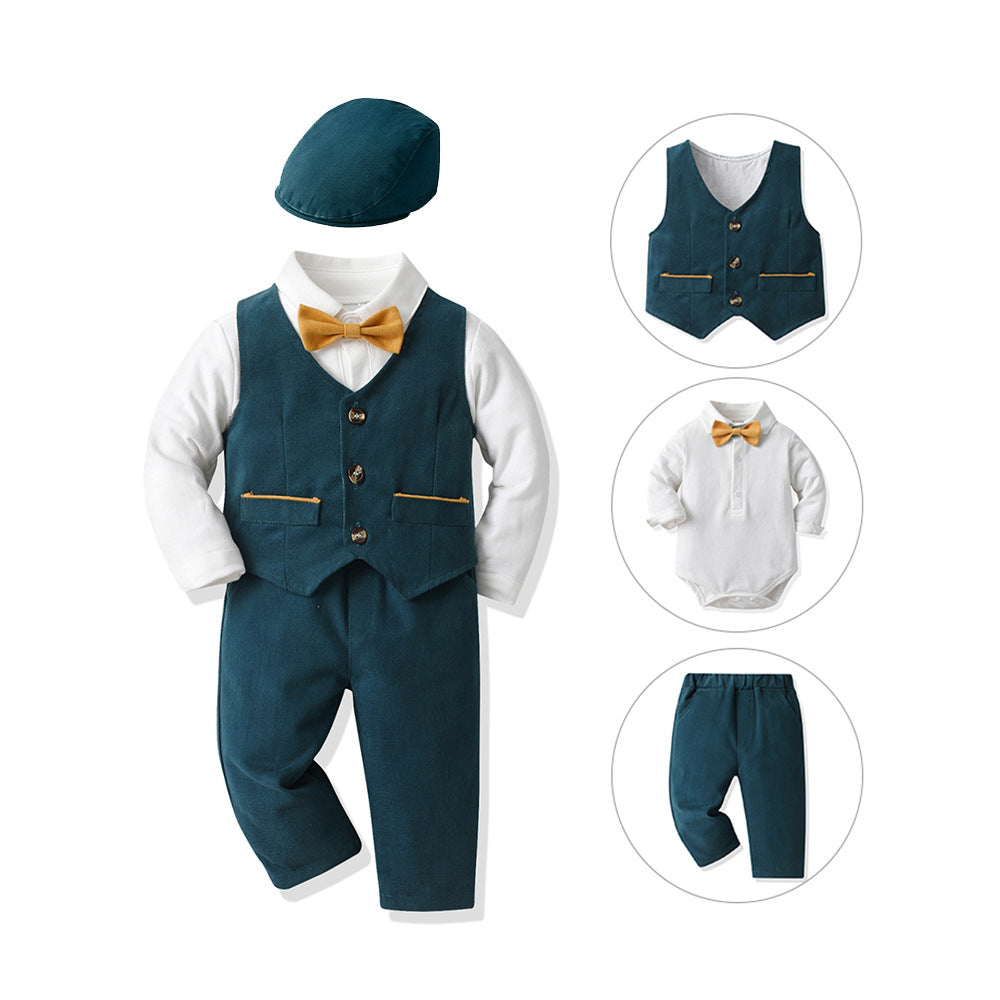 New korean style export children's suit: baby long-sleeve cotton shirt, vest set, and beret three-piece outfit