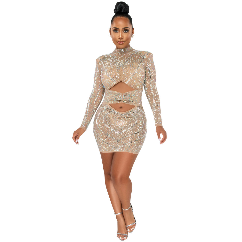 X5572   fashion sexy nightclub rhinestone mesh see-through long sleeve hollow-out midi dress