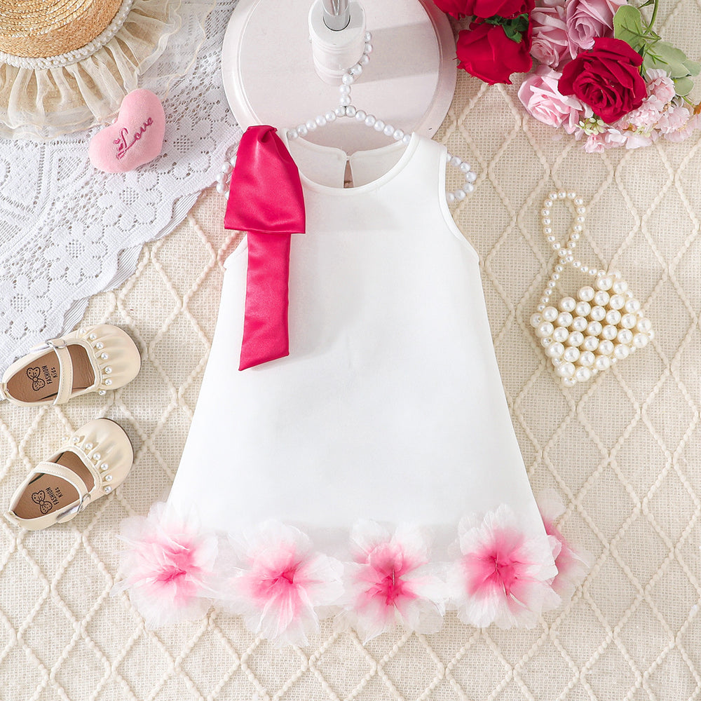 girls' solid color sleeveless party dress with 3d floral hem and bow detail