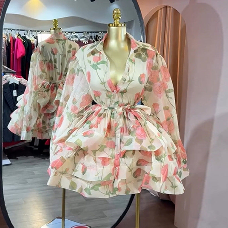 European and american cross-border women's fashion:  summer new arrival - fresh floral print, bow detail, cinched waist, ruffle hem, long sleeve dress