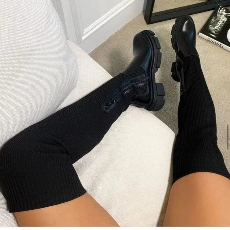 foreign trade women's large size boots fashionnew arrival over the knee round toe fly woven boots women's thick sole boots