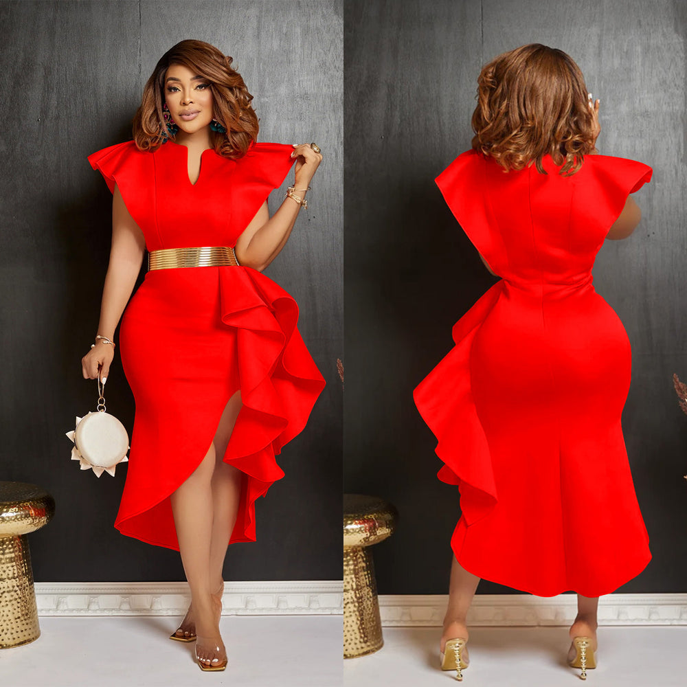 C6740 cross-border   fashion women's solid color belted ruffle asymmetrical dress