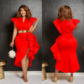 C6740 cross-border   fashion women's solid color belted ruffle asymmetrical dress