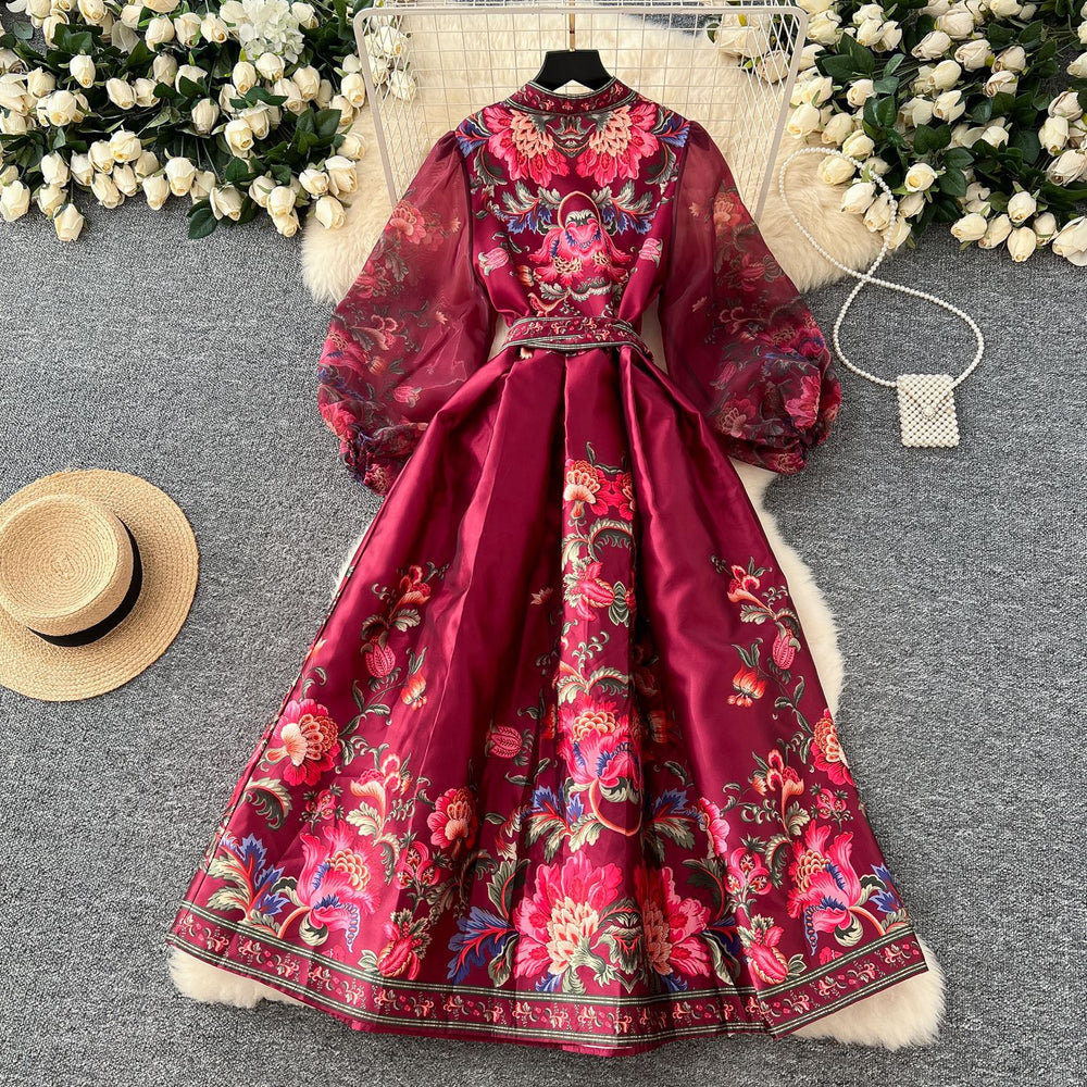 European and american retro court style dress - women's spring/autumn french tie-waist v-neck lantern sleeve printed maxi dress