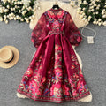 European and american retro court style dress - women's spring/autumn french tie-waist v-neck lantern sleeve printed maxi dress
