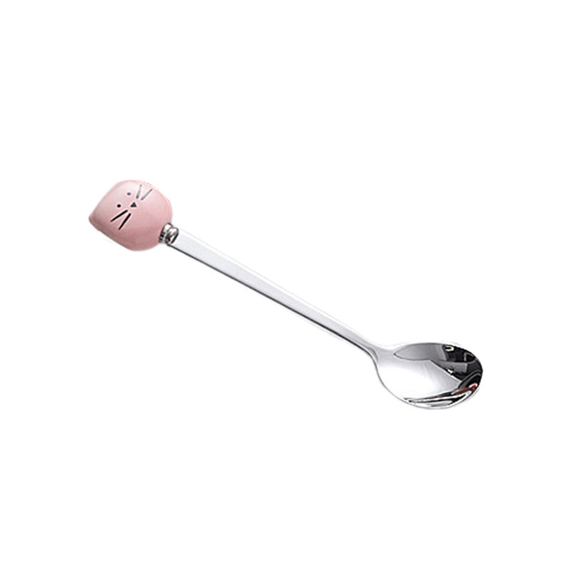 Cute cartoon stainless steel ceramic spoon ice cream scoop soup spoon wholesale fruit fork spoon high-value mixing spoon