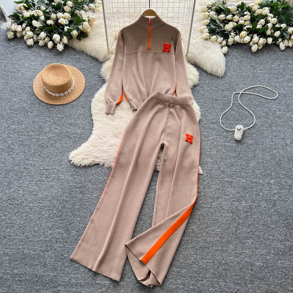 Women's casual activewear set - autumn design: color block letter embroidery stand collar half-zip knit top & wide leg pants