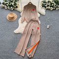 Women's casual activewear set - autumn design: color block letter embroidery stand collar half-zip knit top & wide leg pants