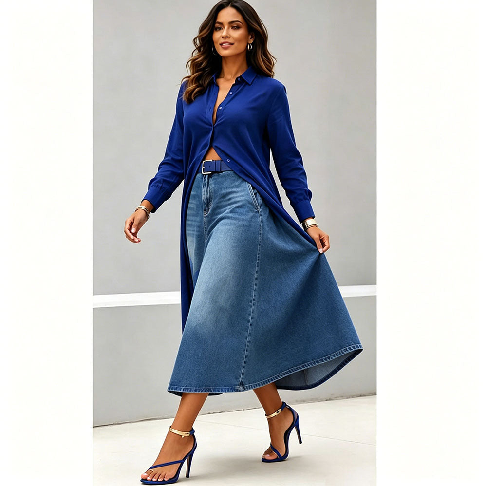 European and american style women's casual denim midi skirt - new  cross-border fashion, street style, washed high-waisted long skirt