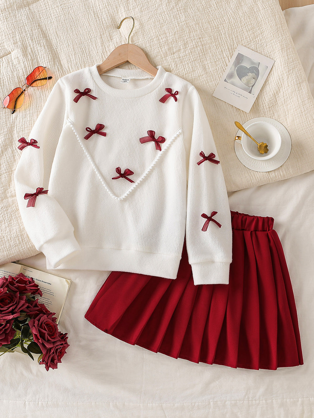 european and american cross-border girls' bow knit top + a-line pleated skirt set, big kids' outfit