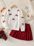 european and american cross-border girls' bow knit top + a-line pleated skirt set, big kids' outfit