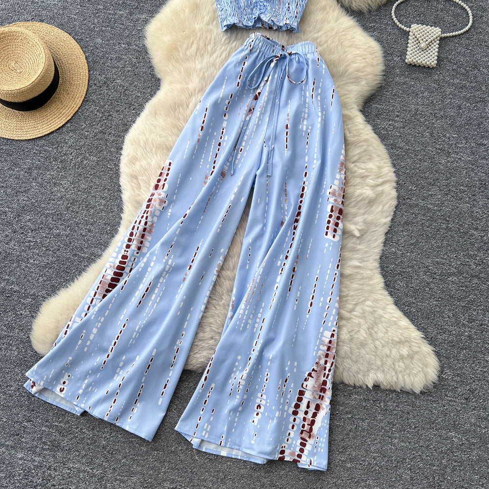 Korean style commute chic two-piece set: women's summer printed tank top and wide-leg pants outfit - high-waisted, slimming, and fashionable