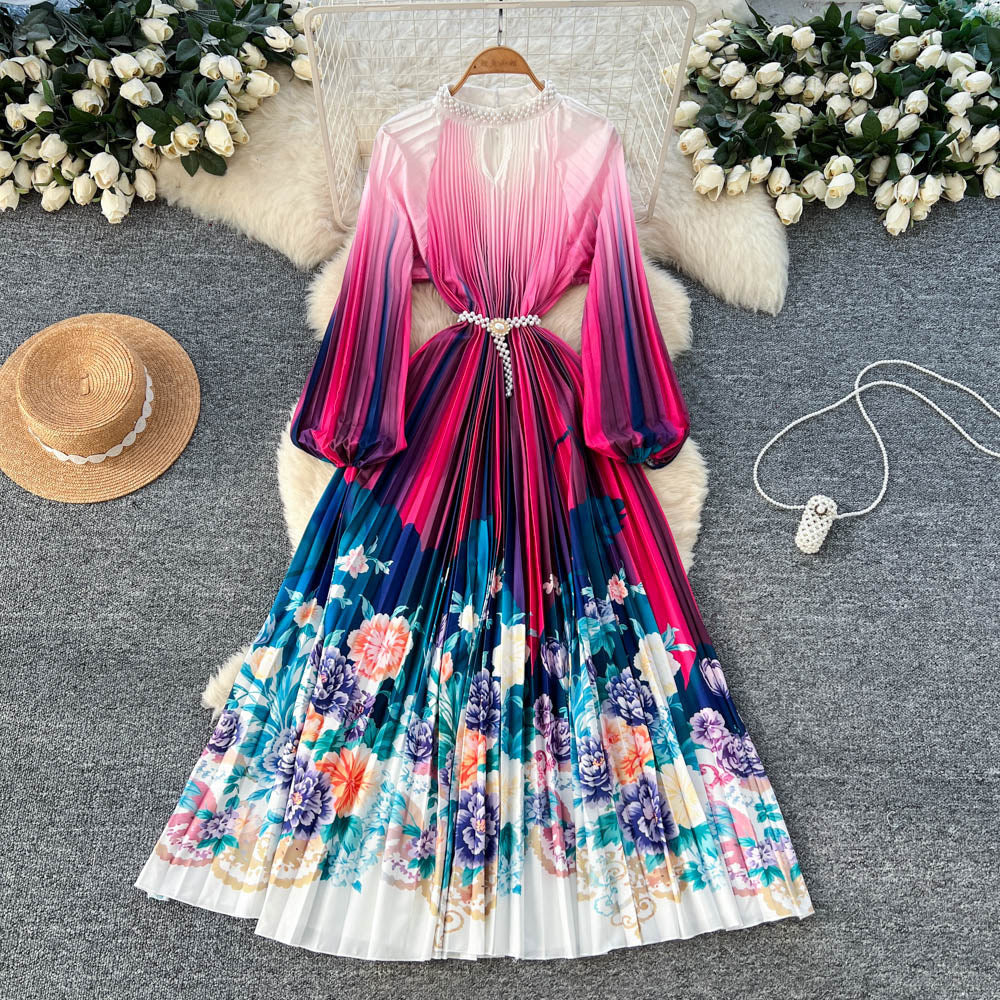 European and american style high-end beaded and printed pleated dress - women's gradient korean style long sleeve pearl button pleated maxi dress - commute friendly