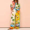cross-border e-commerce european and american women's clothing: new summer collection - vacation-inspired color block fashion print shirt and wide-leg pants set