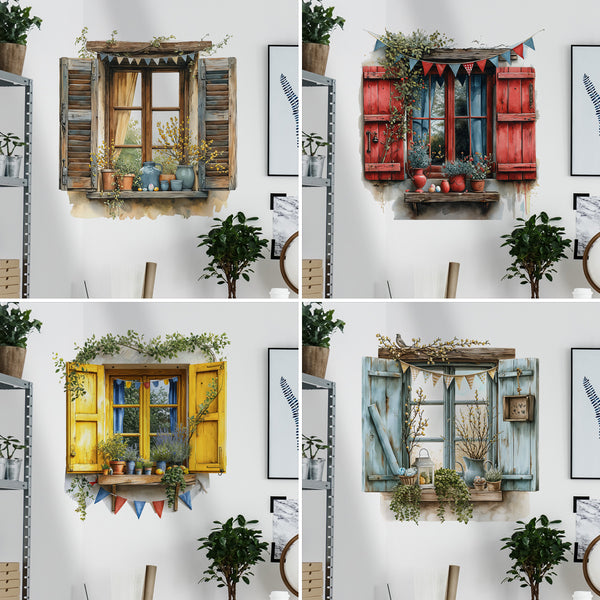Watercolor false window wall decoration sticker bedroom sofa background wall flower vine wall sticker  small sticker