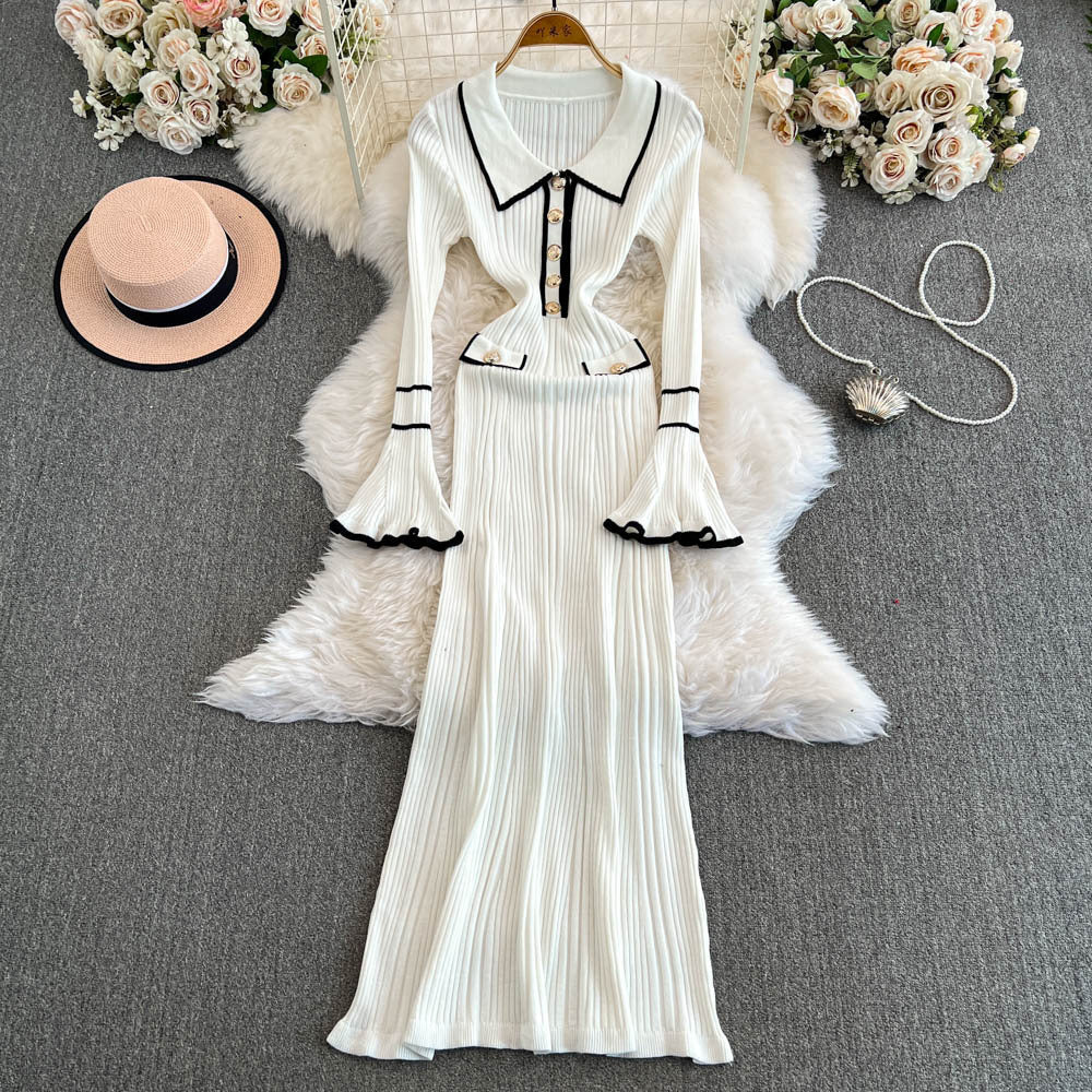 winternew arrivalpolo collar small fragrant style knittingdress women's long sleevesfashionelegant waist sweater skirt