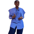 European and american cross-border women's fashion:  autumn new arrival - designer navy blue striped loose fit long sleeve shirt top