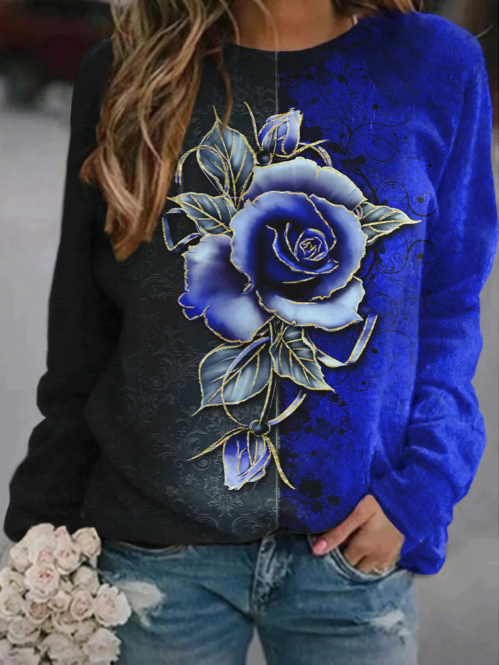 2026 amazon wish european and american cross-border round neck long sleeve floral print color block sweatshirt top - women's in-stock