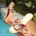 cross-border   new arrivalcontrast color thick heel slippers women's square toe patent leather plaid one-line sandals women's slippers