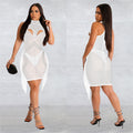 C6353 cross-border   fashion women's solid color mesh rhinestone temperament mini dress