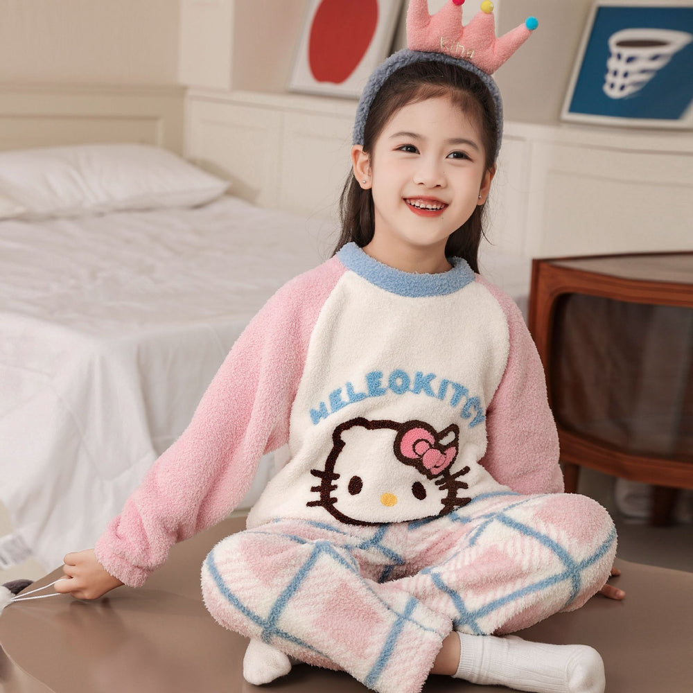 Children's cartoon hello kitty pajamas girls' half velvet coral velvet fleece-linedheattechwinter home clothes cotton