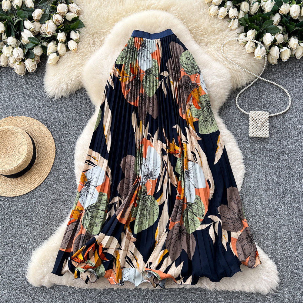 Vintage print pleated elastic waist fashion skirt - women's high-waisted a-line skirt - commute-friendly, flowy maxi skirt for summer