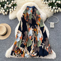 Vintage print pleated elastic waist fashion skirt - women's high-waisted a-line skirt - commute-friendly, flowy maxi skirt for summer