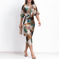 cross-border e-commerce women's fashion: european and american summer new arrivals - elegant and chic printed v-neck tie-waist dress